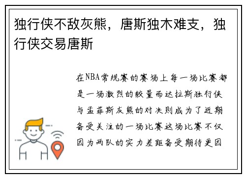 独行侠不敌灰熊，唐斯独木难支，独行侠交易唐斯