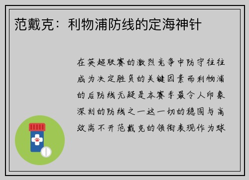 范戴克：利物浦防线的定海神针