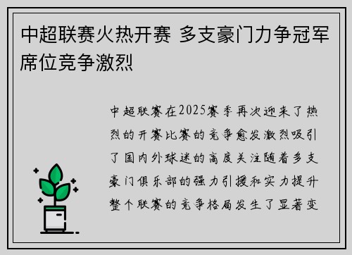 中超联赛火热开赛 多支豪门力争冠军席位竞争激烈