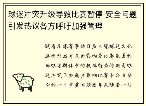 球迷冲突升级导致比赛暂停 安全问题引发热议各方呼吁加强管理