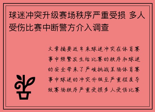 球迷冲突升级赛场秩序严重受损 多人受伤比赛中断警方介入调查