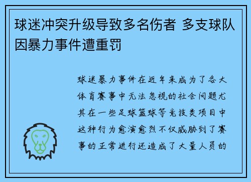 球迷冲突升级导致多名伤者 多支球队因暴力事件遭重罚